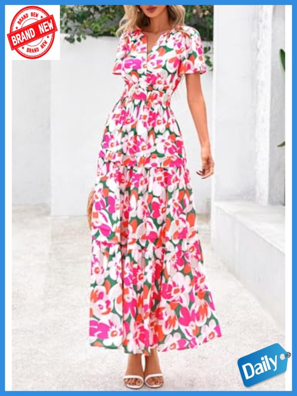 Women's Boho Floral Maxi Dress Tiered A-Line Elastic Waist with Pockets - Picture 2 of 6